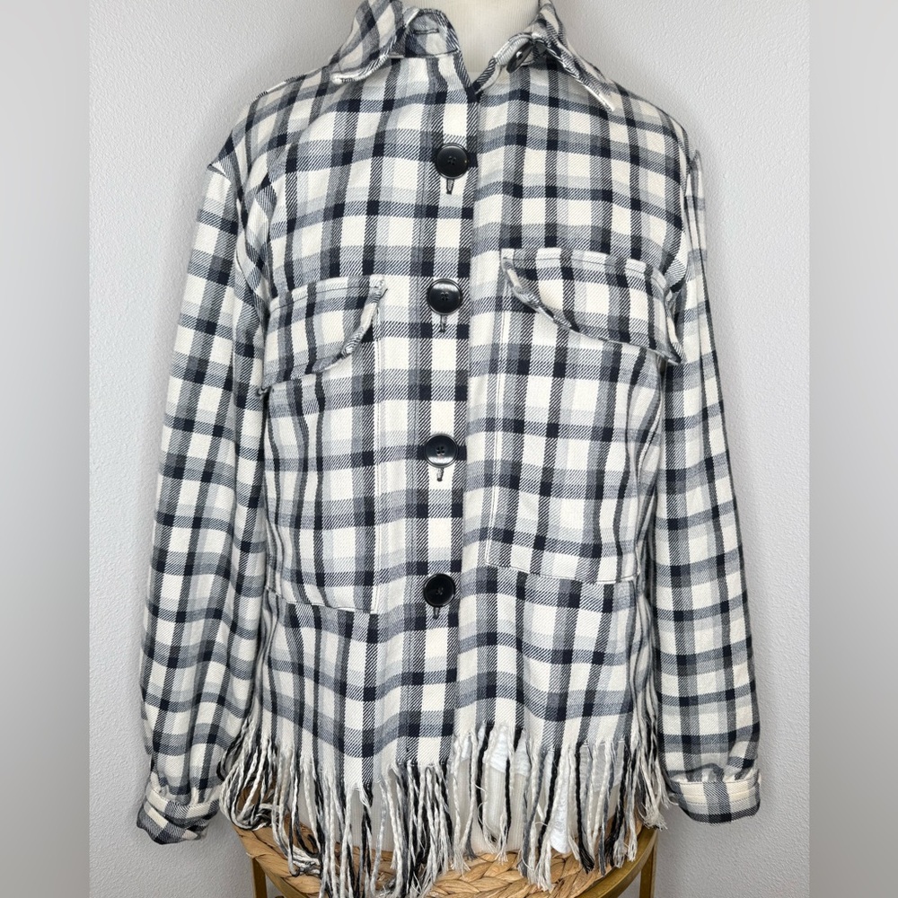 Renuar plaid Shirt Jacket Black White Fringed Hem Shacket Collared Buttoned
